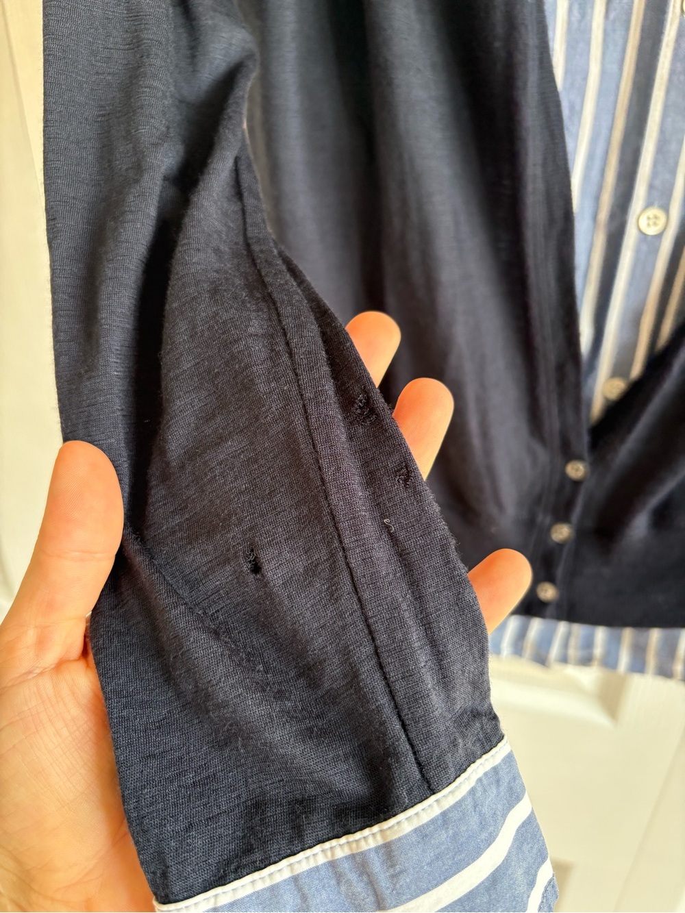 Flaw Theory Layered Navy Wool Cardigan White Striped Shirt Set M Academia Career - Picture 7 of 9